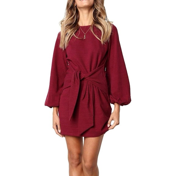 Lionstill Women's Elegant Long Sleeve Dress Casual Crew Neck Tie/Wine - Picture 3 of 12